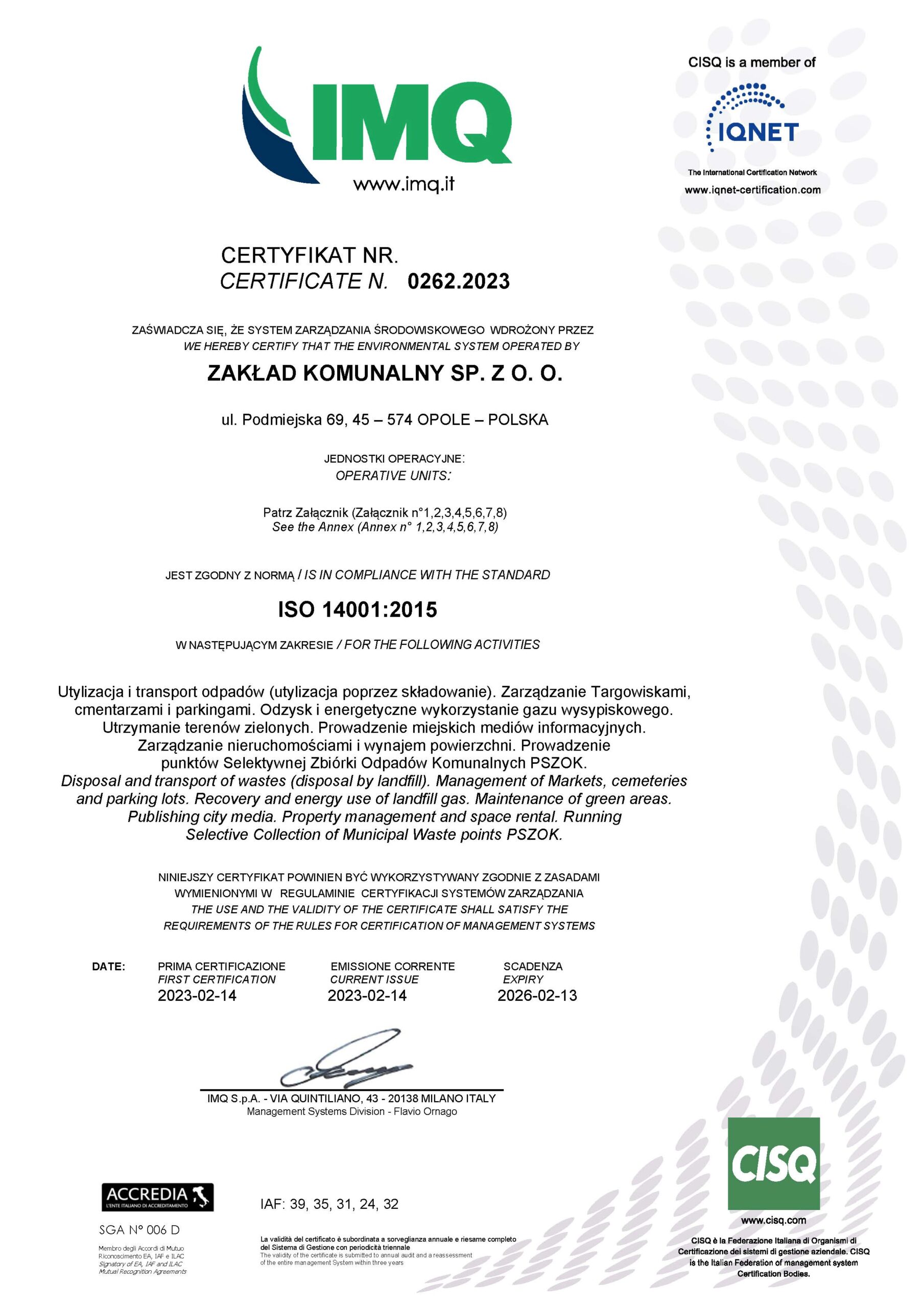 Certificato ZAKŁAD KOMUNALNY SP. Z O. O. ISO 14001 wyd.14.02.2023 0262.2023_Strona_01