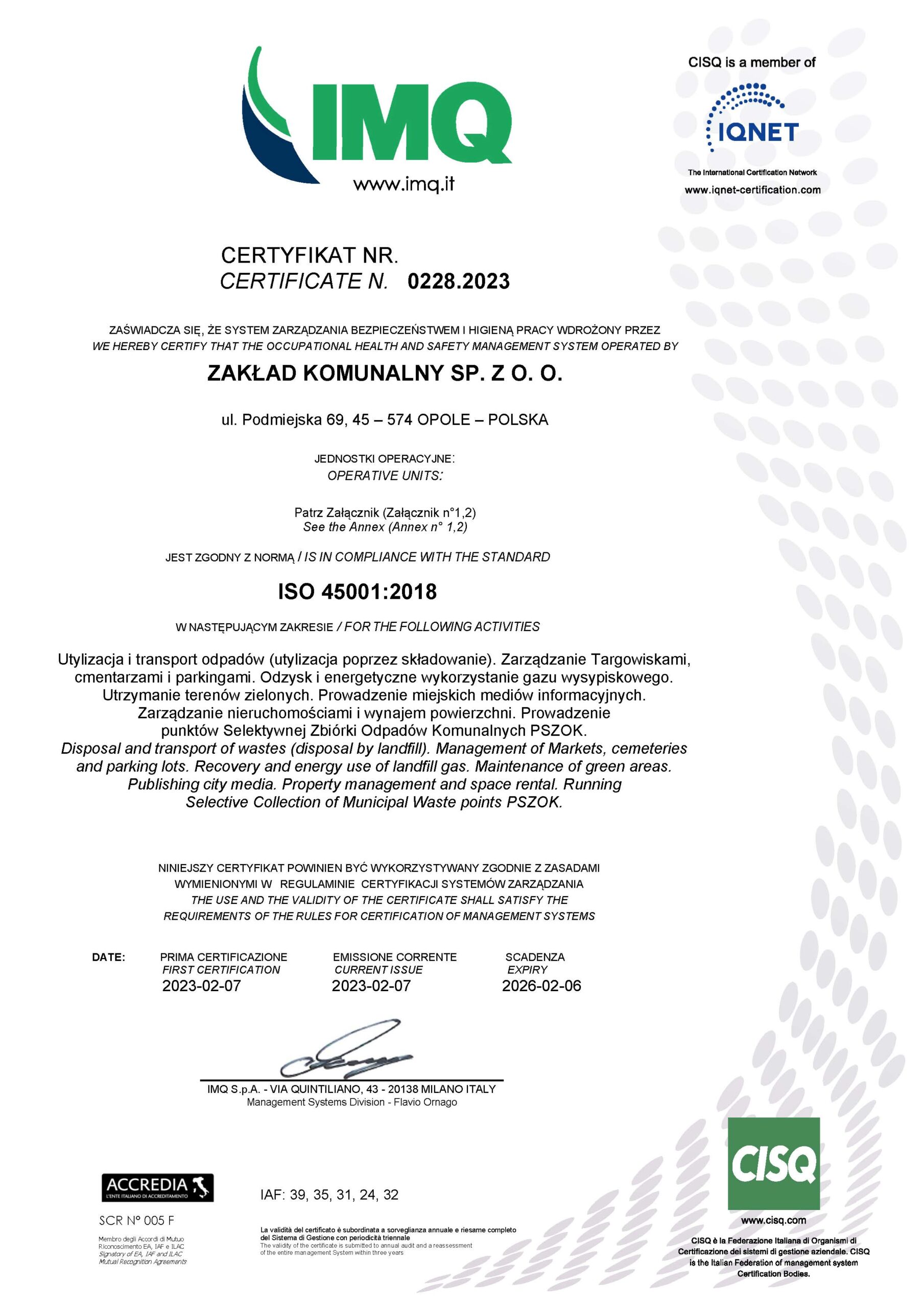 Certificato ZAKŁAD KOMUNALNY SP. Z O. O. ISO 45001 wyd.7.02.2023 0228.2023_Strona_01